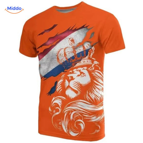 t-shirt orange avec motif lion moderne, symbole de force et fierté pour les supporters néerlandais