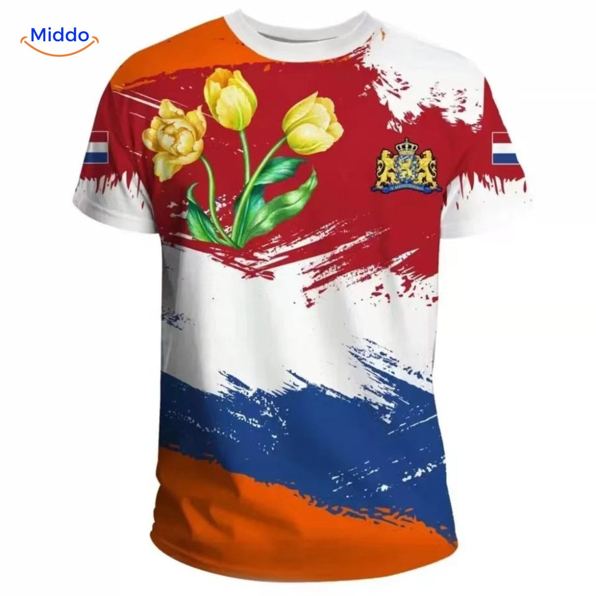 t-shirt orange sportif avec motif vagues dynamiques, idéal pour les supporters des Pays-Bas