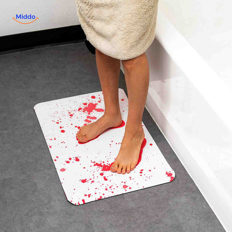 tapis de bain avec eclaboussures de sang halloween, decoration salle de bain terrifiante et réutilisable