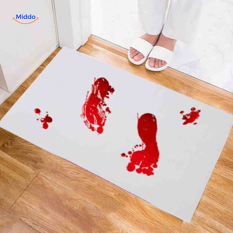 tapis de bain avec traces de pieds sanglantes pour decoration halloween, effet visuel saisissant
