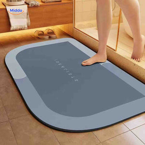 tapis de bain rectangulaire bleu-gris, vue du dessous avec revêtement antidérapant