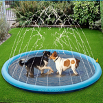 deux chiens jouent ensemble sur un tapis d'eau avec fontaines jaillissantes en plein air