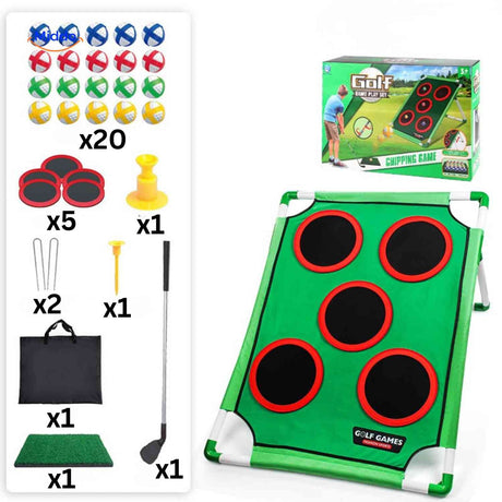 aperçu du contenu du set golf : tapis et 5 cibles incluses dans le kit