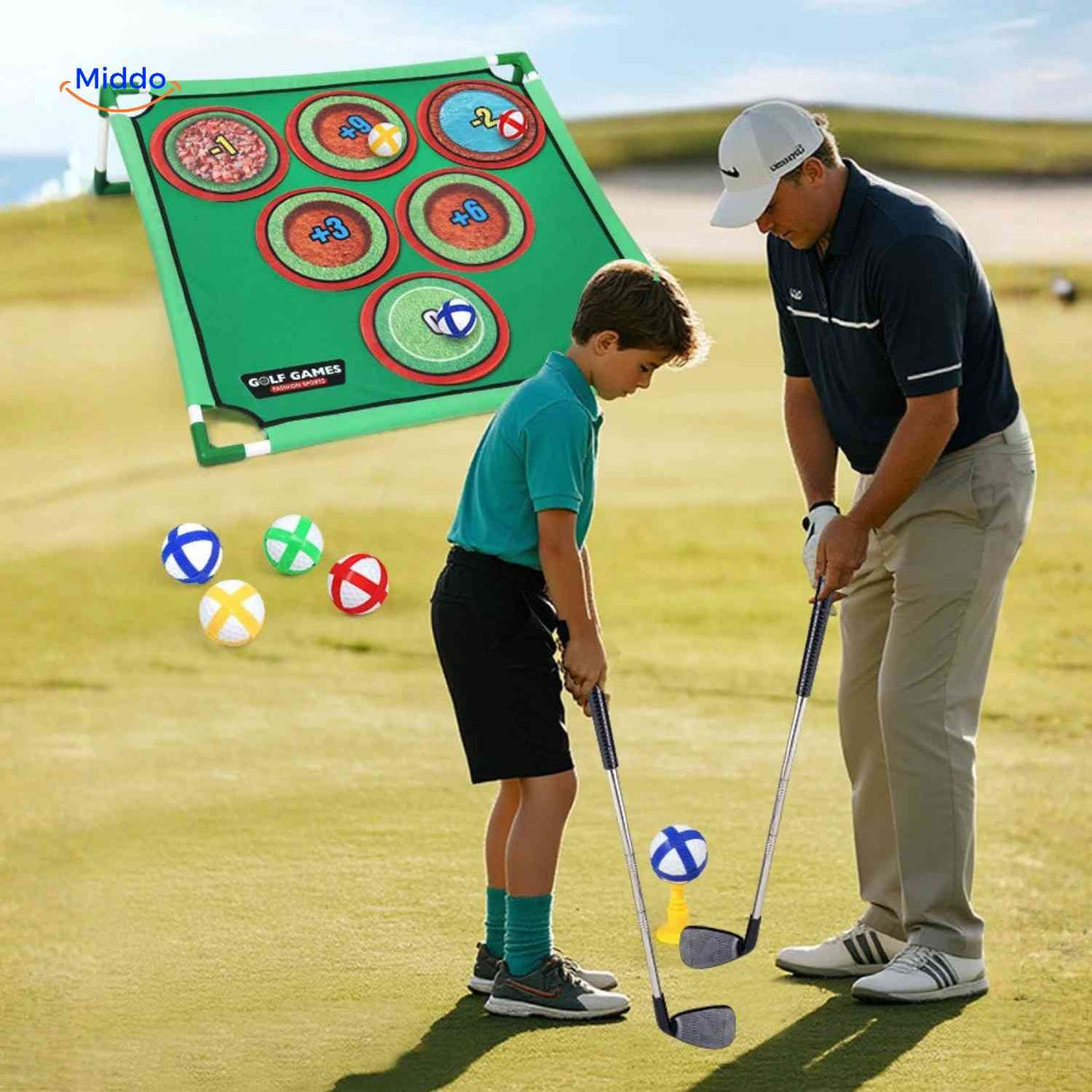 set d'entraînement au golf pour enfants avec tapis et accessoires adaptés
