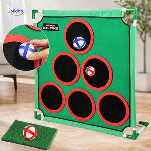 tapis de jeu golf posé dans le jardin, idéal pour jouer à la maison
