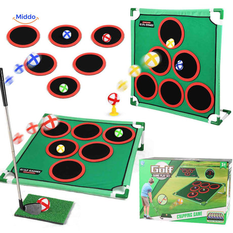 set de chipping golf avec multiples cibles de couleurs différentes sur le tapis