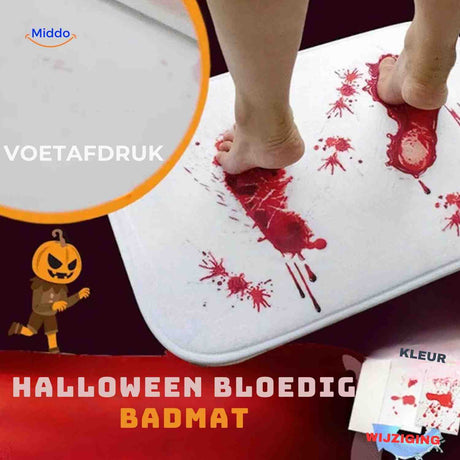 tapis de bain effet blague halloween avec empreintes de pieds en sang sur le sol de la salle de bain