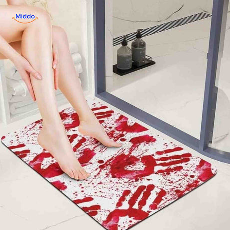 tapis de bain halloween avec empreintes de mains sanglantes, decoration horreur salle de bain