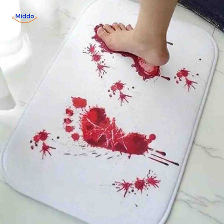 tapis de bain horreur halloween avec empreintes de pieds sanglantes en rouge vif sur fond blanc