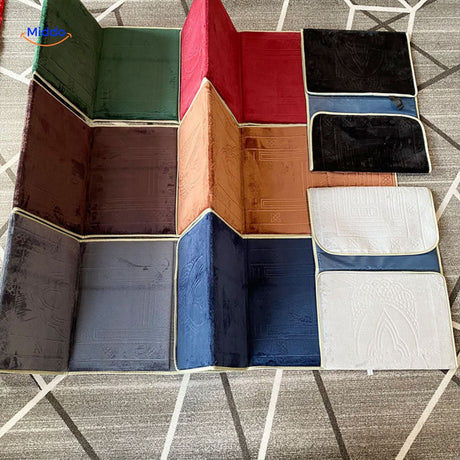 tapis de prière pliant bidjar posé à plat, aperçu des différents coloris disponibles