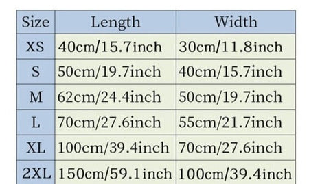 guide des tailles du tapis rafraîchissant pour animaux avec dimensions détaillées