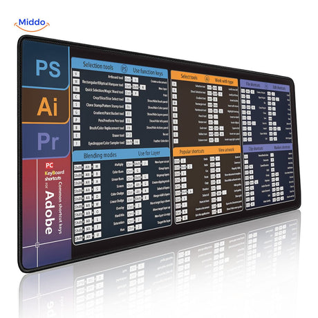 tapis de souris avec raccourcis adobe photoshop, illustrator et premiere pro pour les graphistes