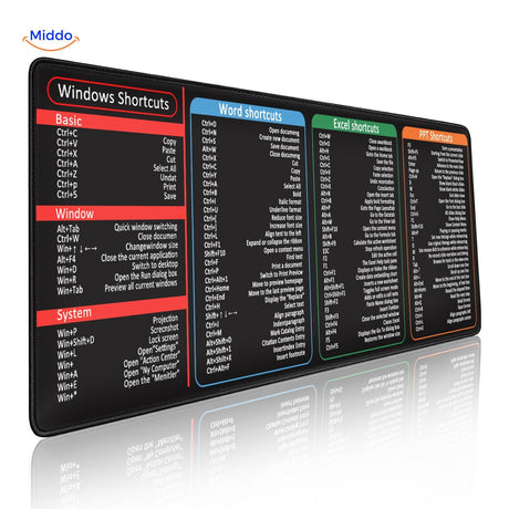 tapis de souris avec vue d'ensemble des raccourcis windows, word, excel et powerpoint