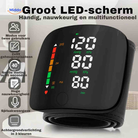 tensiomètre de poignet avec grand affichage LED lumineux pour une lecture facile