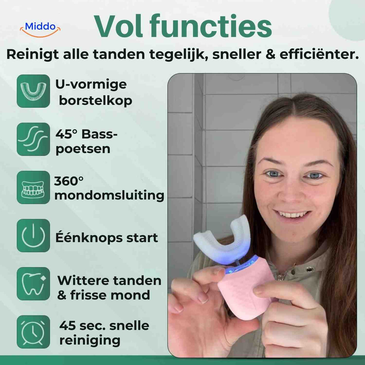 tête de brosse à dents en U permettant un nettoyage rapide et simultané de toutes les dents