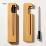 thermomètre à viande sans fil rangé dans son boîtier rechargeable en bambou