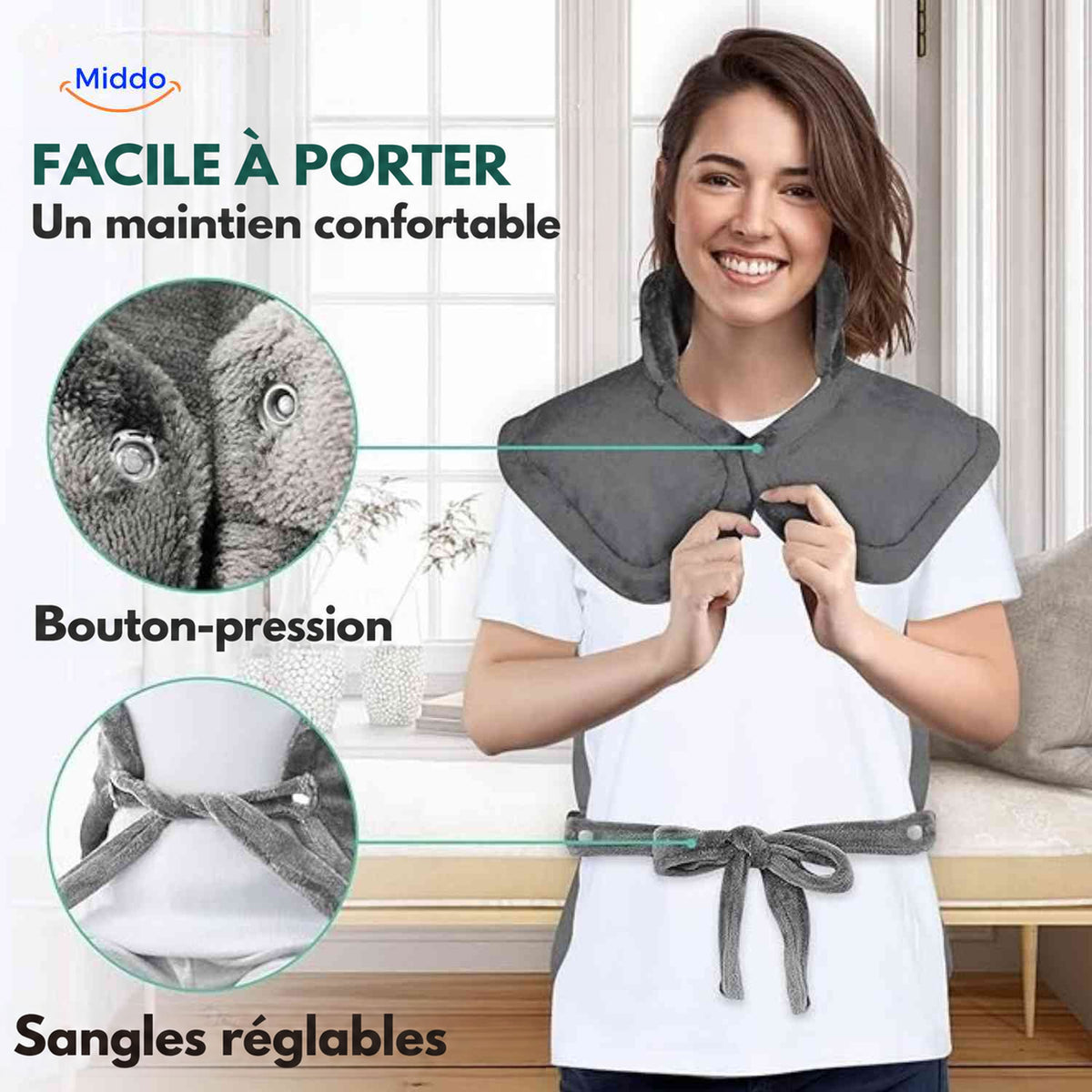 Bouton-pression et sangles réglables de l’écharpe Thermowrap.