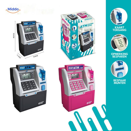 tirelire ATM avec fente pour billets et carte bancaire, design distributeur automatique