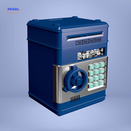 tirelire blanche et bleue style banque avec code PIN et fente pour monnaie