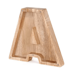 tirelire alphabet lettre A en bois, conçue pour accueillir pièces et billets