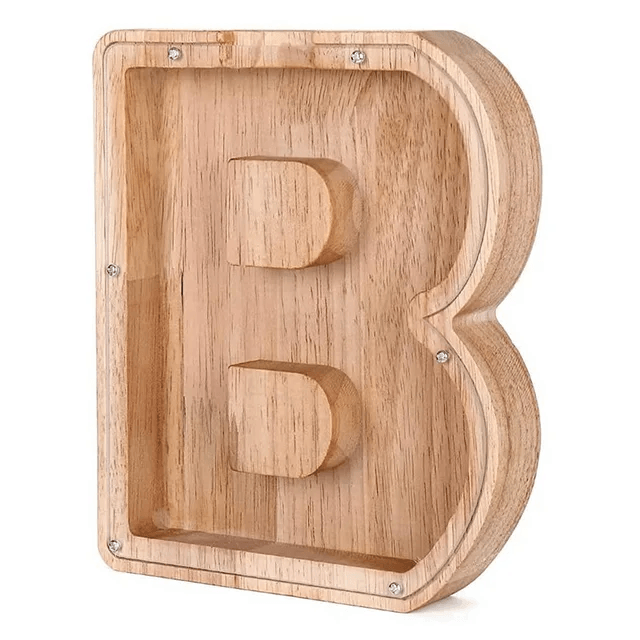 tirelire lettre B en bois sur fond blanc, cadeau éducatif pour enfant