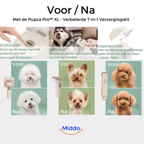 résultats avant et après toilettage d'un chien avec le kit aspirateur anti-poils