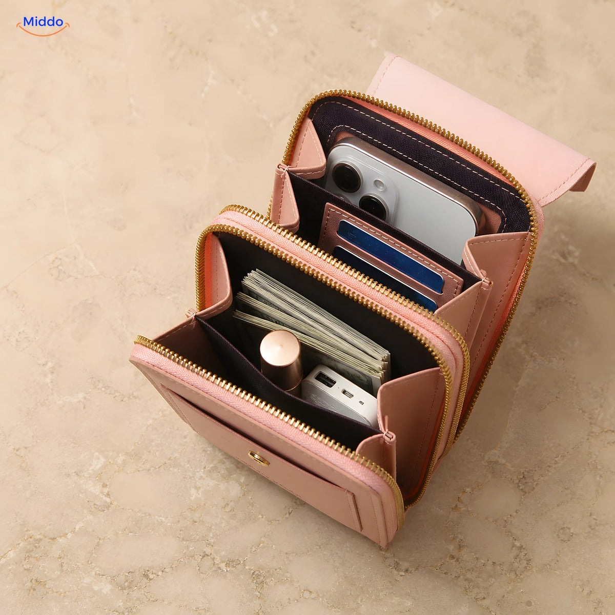 Sac TouchScreenGo rose ouvert avec compartiments pour téléphone cartes et espèces