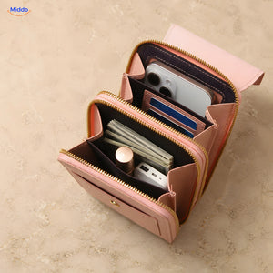Sac TouchScreenGo rose ouvert avec compartiments pour téléphone cartes et espèces