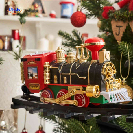 train de noël intégré dans une décoration de noël sur un circuit circulaire