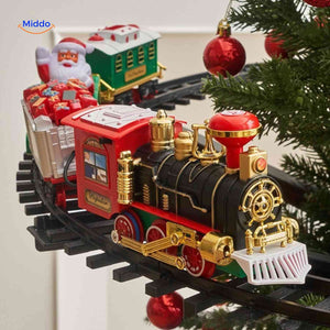 train de noël avec père noël et cadeaux faisant le tour du sapin