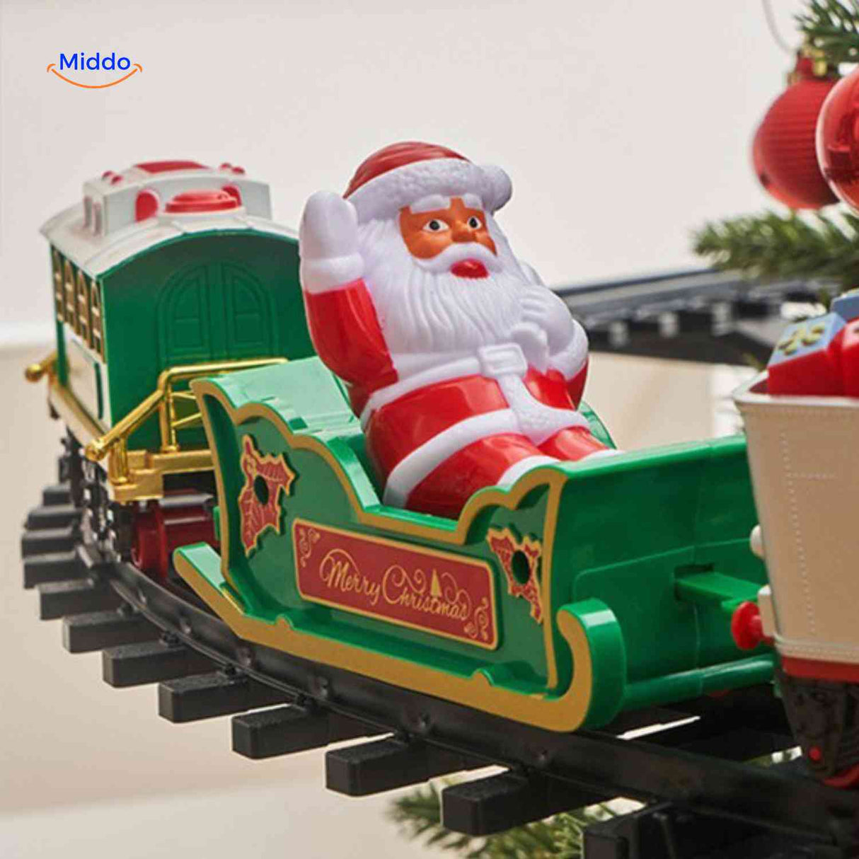 train de noël avec père noël dans son traîneau posé sur un wagon