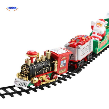train de noël sur voie avec père noël, vue de profil du convoi en marche