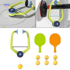 trainer ping-pong posé sur étagère avec deux raquettes, vue d'ensemble du produit