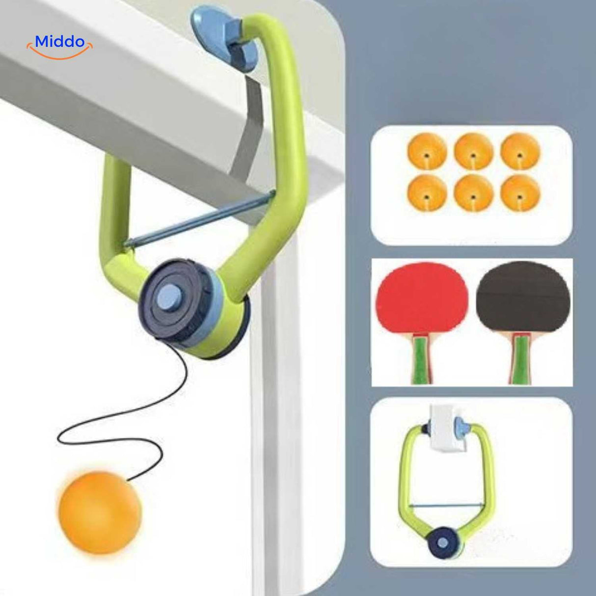 trainer ping-pong fixé à la porte avec raquettes et balles prêts à l'emploi