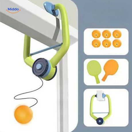 installation sur porte du trainer ping-pong avec raquettes colorées et balles incluses