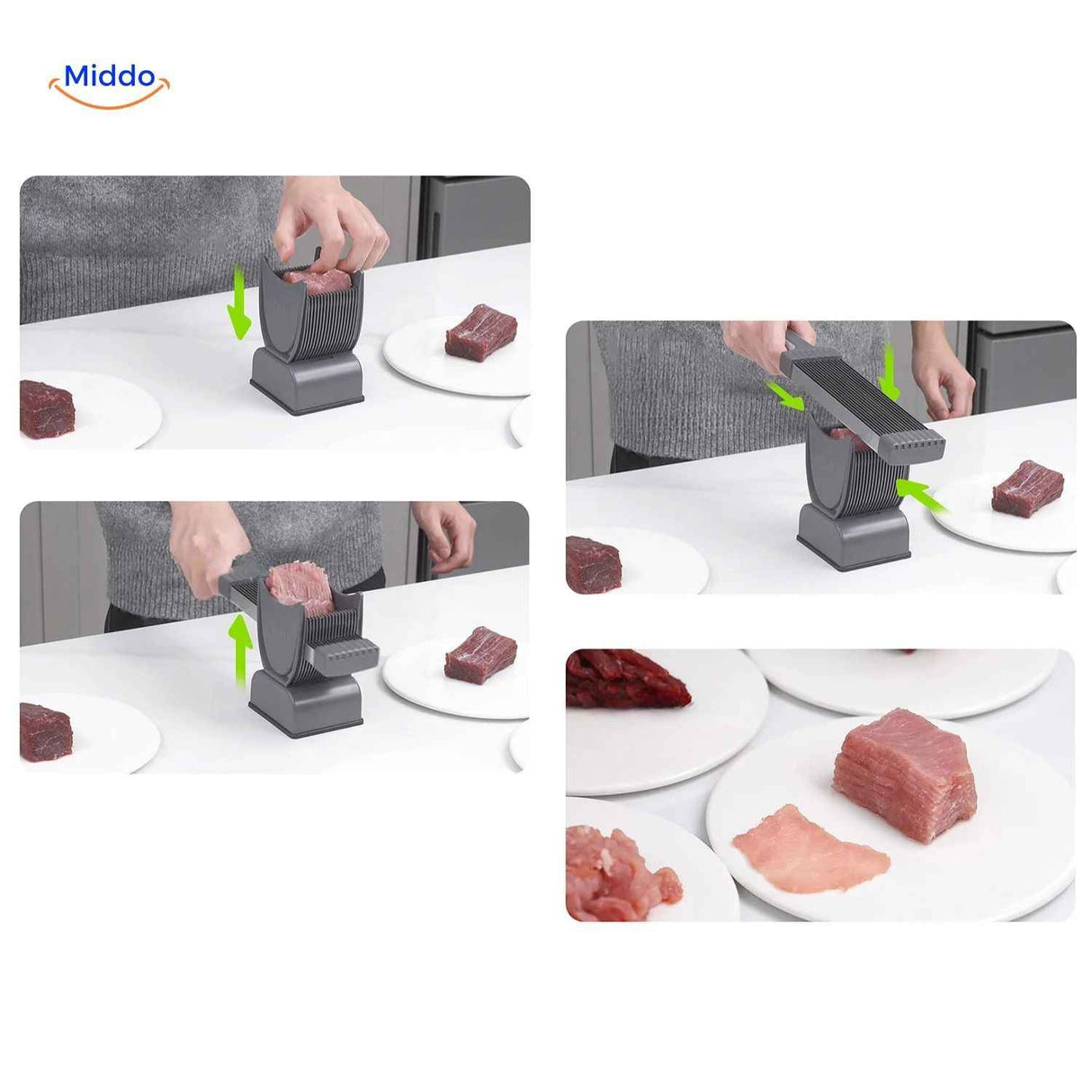 trancheuse à viande en action produisant des tranches fines régulières sur une planche à découper