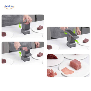 trancheuse à viande en action produisant des tranches fines régulières sur une planche à découper