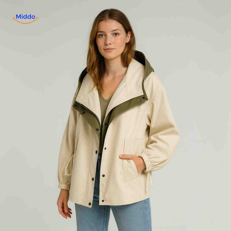 trench-coat crème avec col intérieur vert, style casual chic déperlant