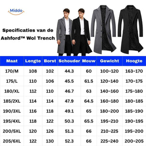 guide des tailles du trench en laine pour homme, tableau des mesures noir et gris