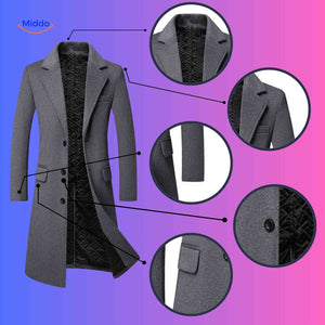 gros plan des boutons, doublure et coupe du trench en laine noir et gris pour homme