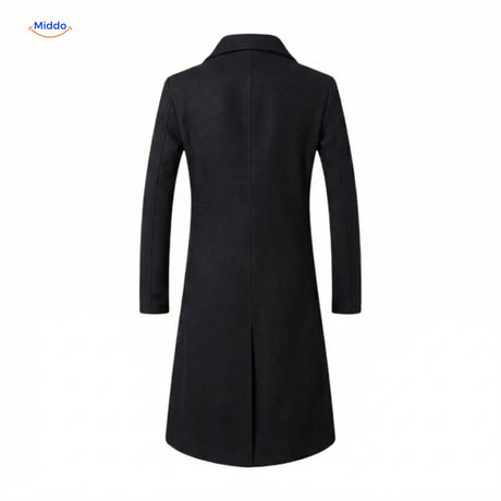 vue arrière du trench en laine noir pour homme, silhouette longue et coupe structurée