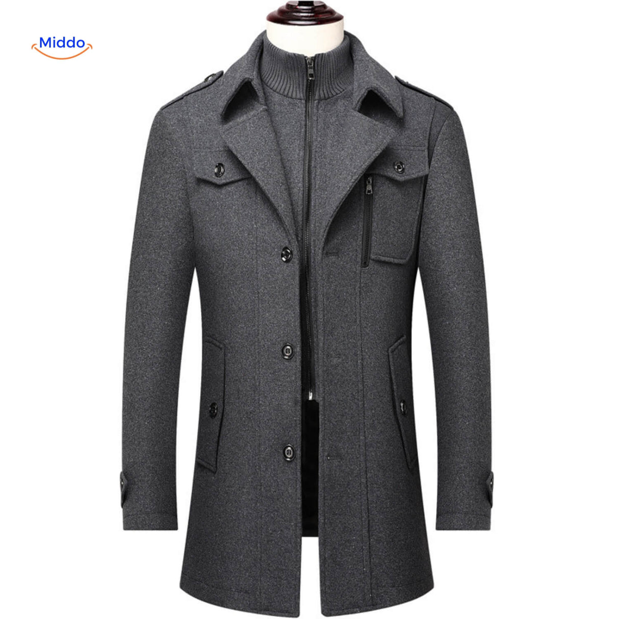 trench-coat en laine col double gris, style élégant pour homme