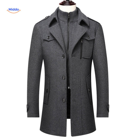 trench-coat en laine col double gris, style élégant pour homme
