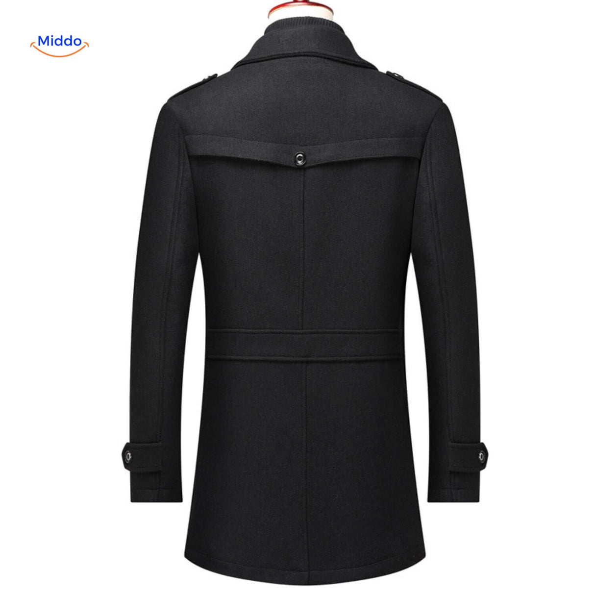 trench-coat en laine col double noir, silhouette structurée et moderne