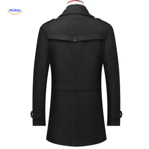 trench-coat en laine col double noir, silhouette structurée et moderne