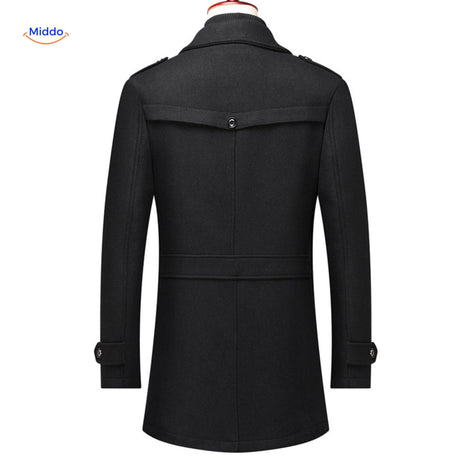 trench-coat en laine col double noir, silhouette structurée et moderne