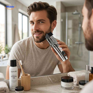 Tondeuse Trimora argent foncé avec écran en utilisation