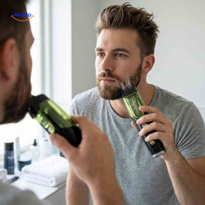 Tondeuse Trimora verte avec écran en utilisation