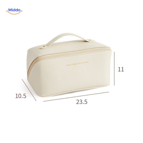 trousse de maquillage beige clair vue de face, design compact et multifonctions pour voyager