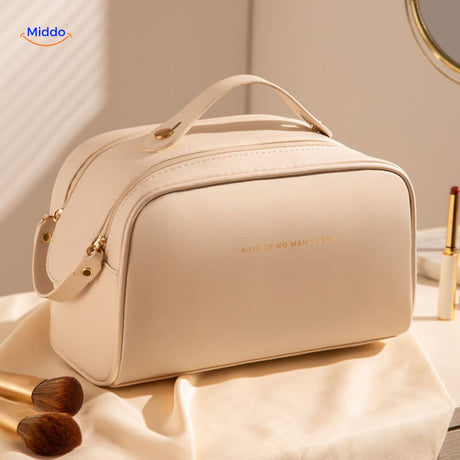 trousse de maquillage beige classique imperméable, grande capacité et style intemporel